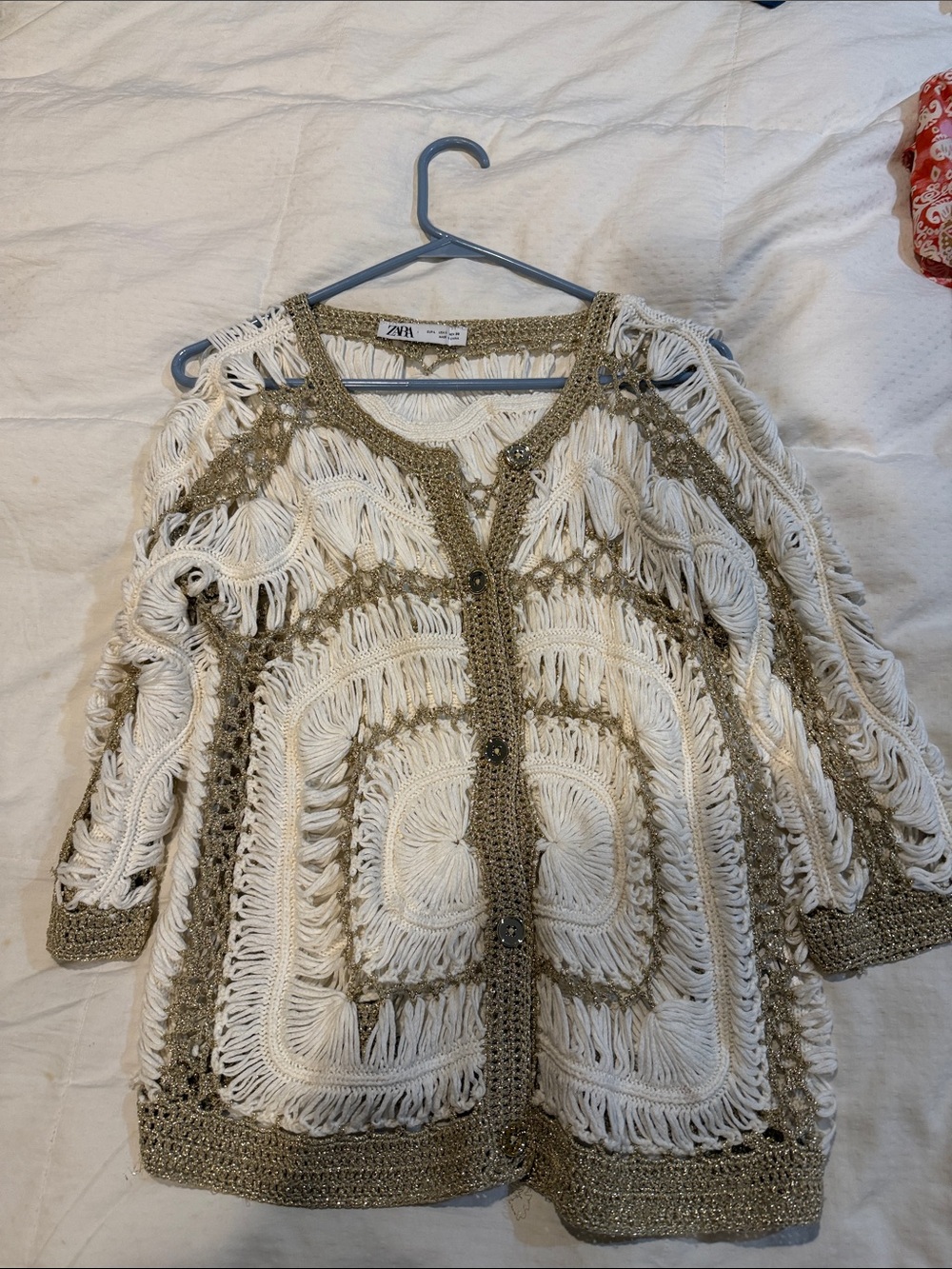 Zara Cream and Gold Fringe Open-Knit Cardigan